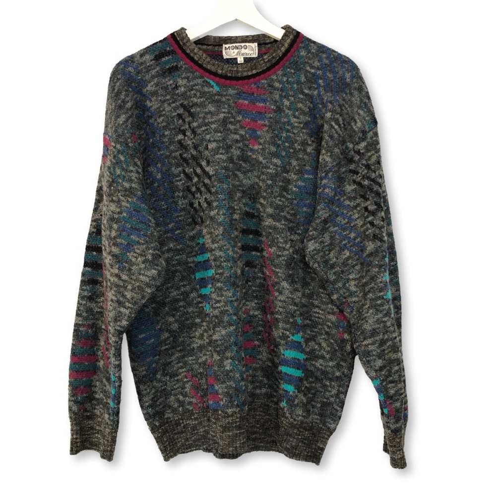 Mondo di Marco Crewneck Sweater Large Grey Teal Pink